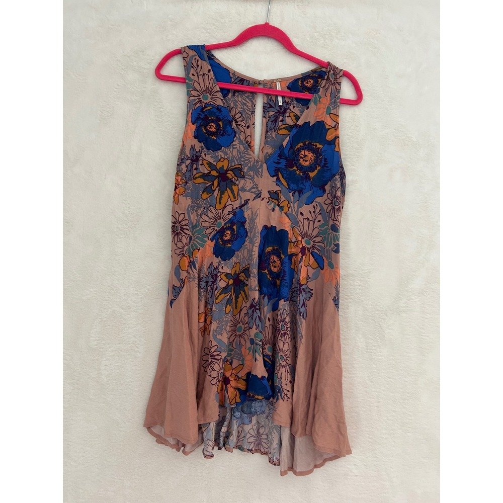 Free People Floral Sleeveless Mini Dress V-Neck High-Low Boho Pink Blue XS